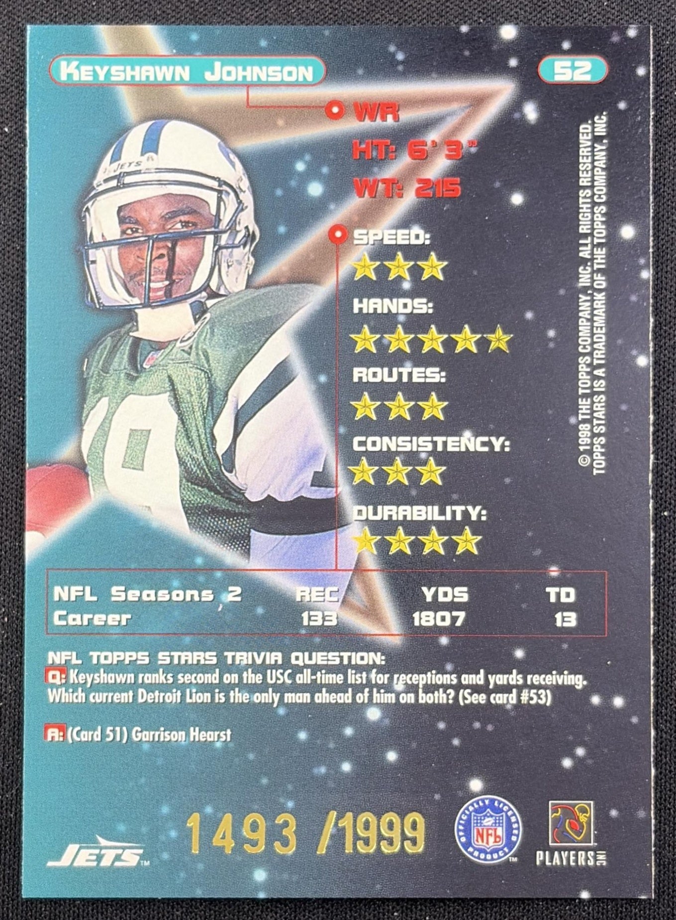 Keyshawn Johnson 1998 Topps Stars Gold Star /1999 Jets New York Jets