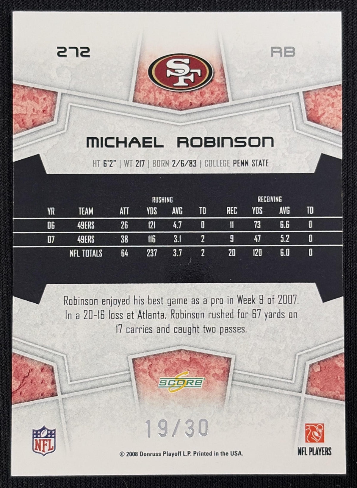 Michael Robinson 2008 Score Select Red Zone /30 49ers - Back
