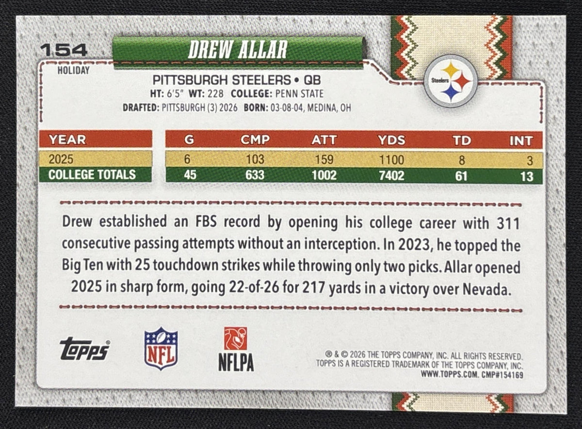 Drew Allar 2026 Topps Holiday Back Variation Steelers - Back