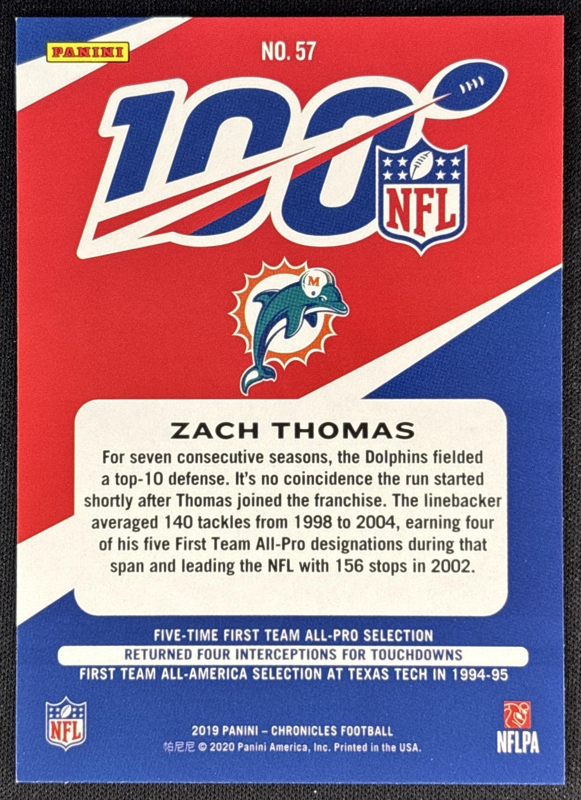 Zach Thomas 2019 Panini Chronicles NFL 100 Dolphins back