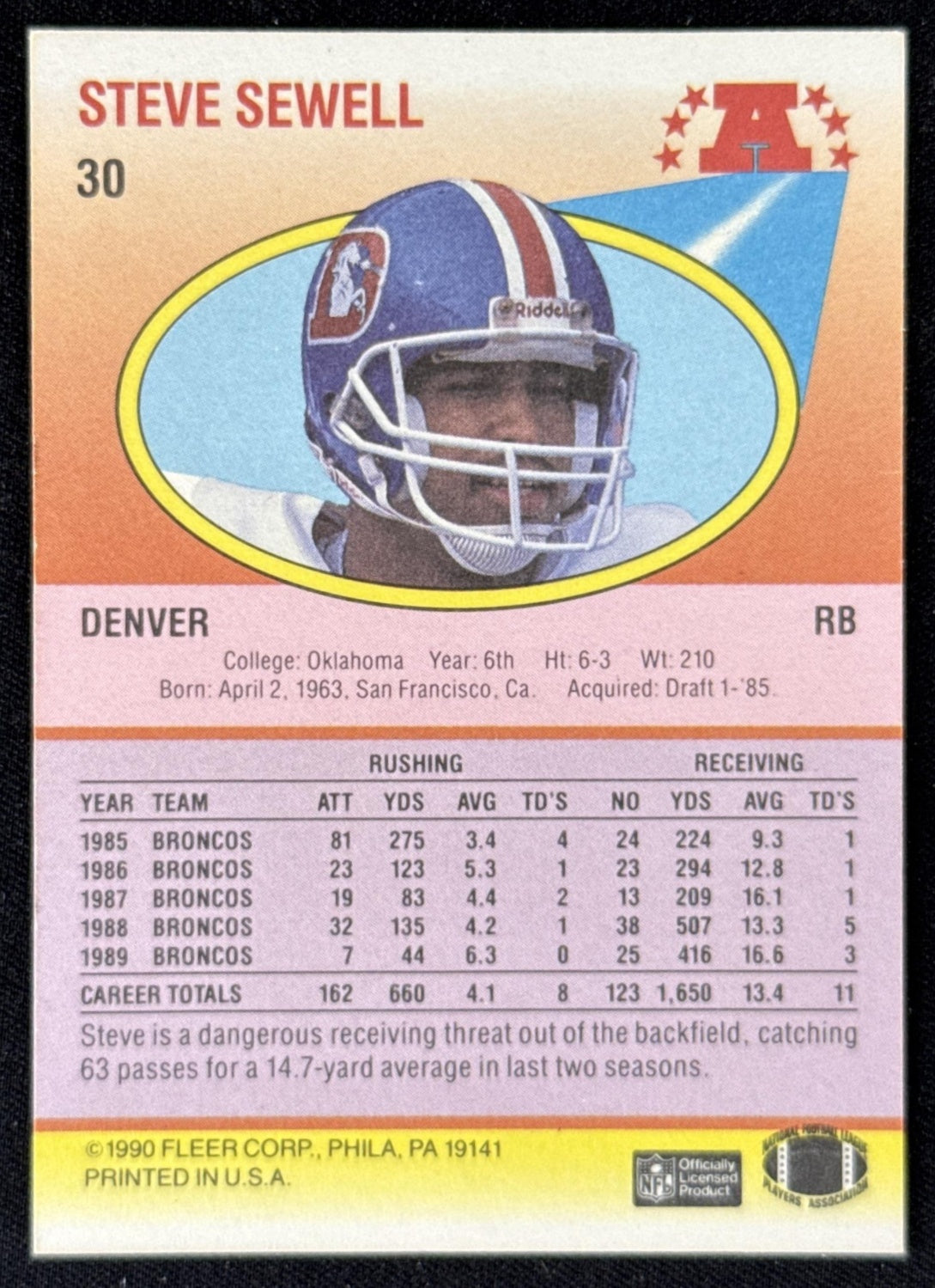 Steve Sewell 1990 Fleer Broncos Sports Trading Card