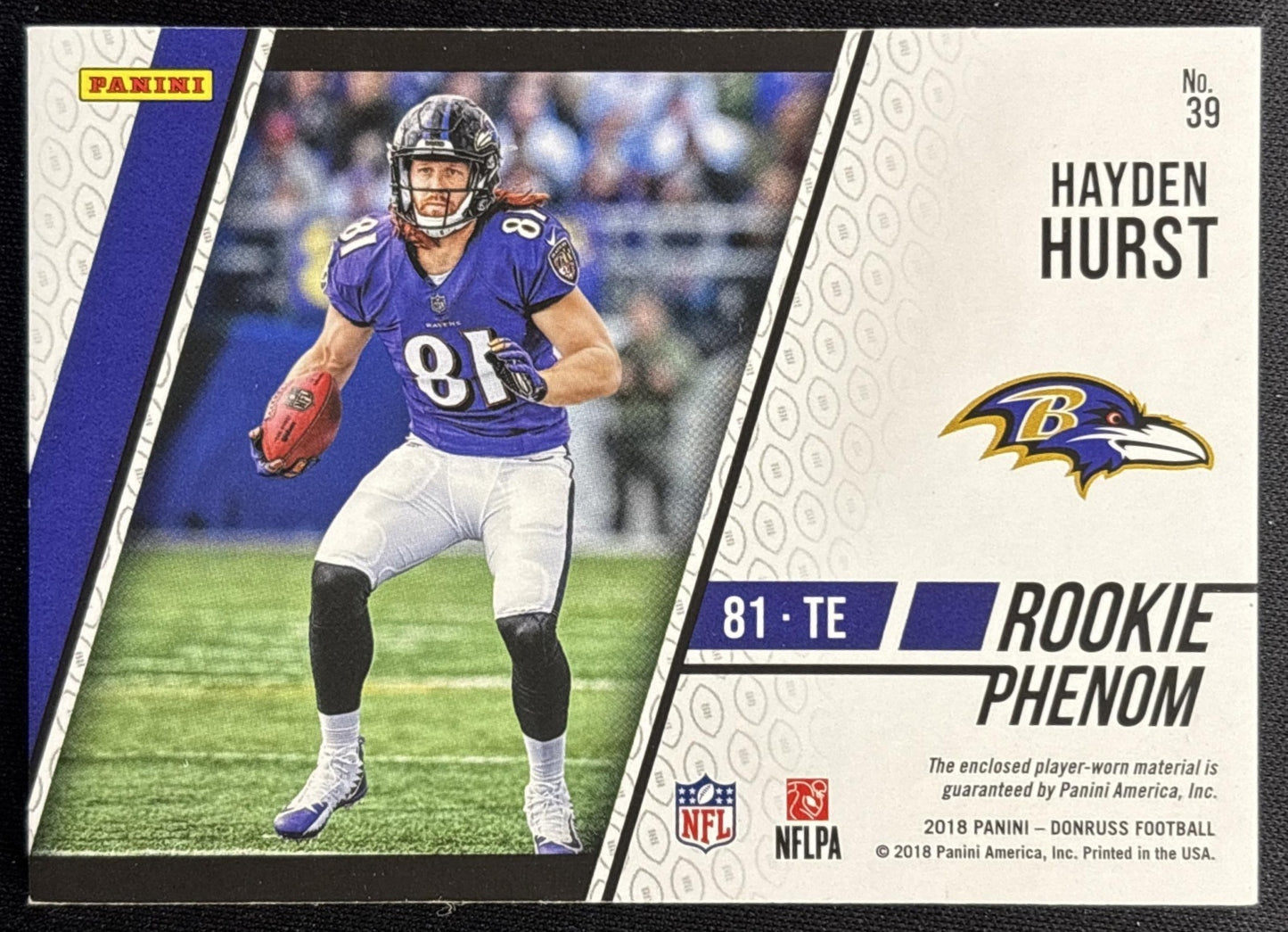 Hayden Hurst 2018 Donruss Rookie Threads Laundry Tag NFL Player's Logo 1/1 Ravens Sports Trading Card