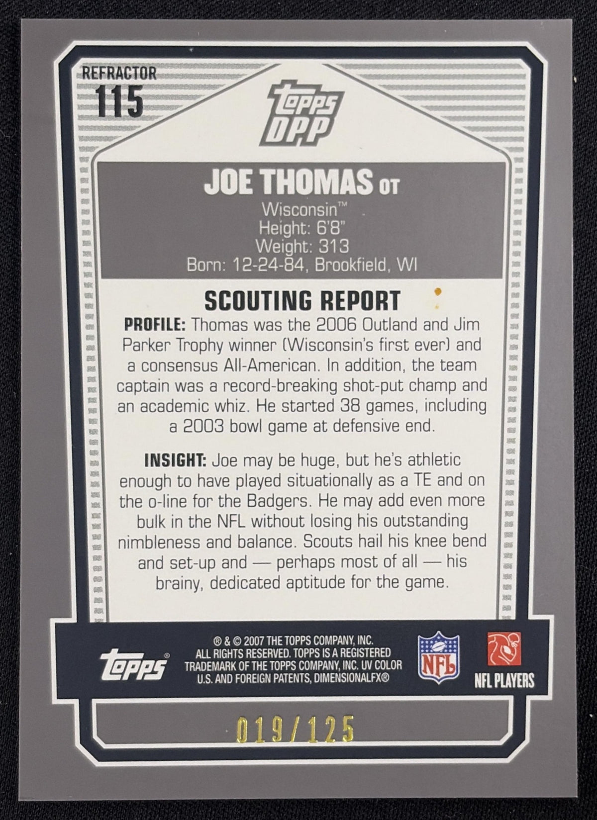 Joe Thomas 2007 Topps Draft Picks & Prospects Chrome Silver Refractors /125 Badgers Sports Trading Card
