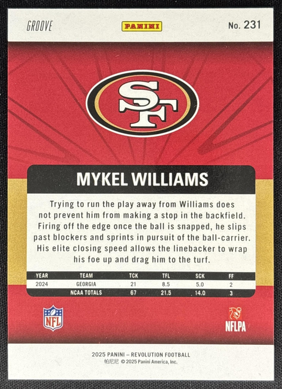 Mykel Williams 2025 Panini Revolution Rookies Groove 49ers Sports Trading Cards