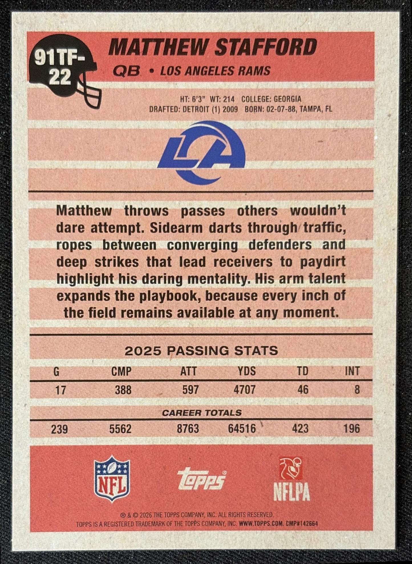 Matthew Stafford 2026 Topps 1991 Rams back