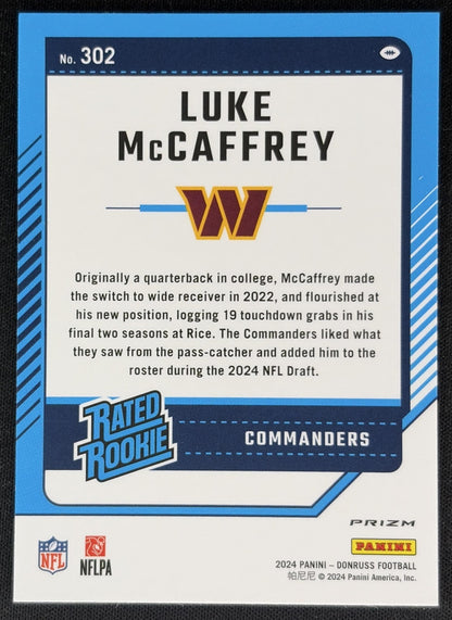 Luke McCaffrey 2024 Donruss Optic Rated Rookie Preview Blue Scope Commanders back