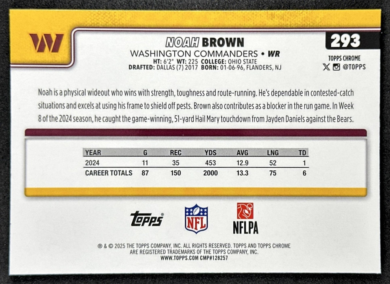 Noah Brown 2025 Topps Chrome Sapphire Commanders Sports Trading Card