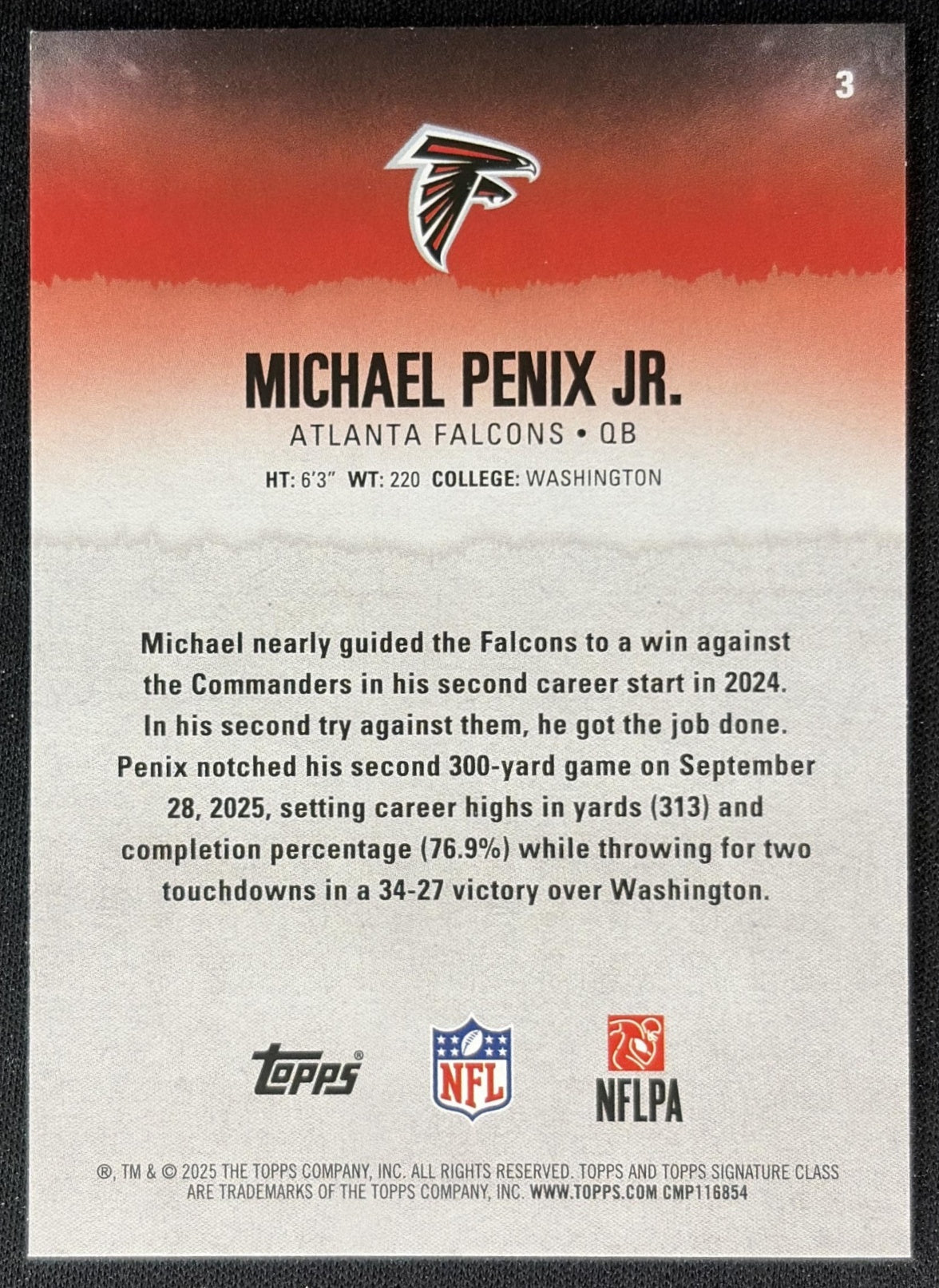 Michael Penix Jr. 2025 Topps Signature Class Veteran Red & Black Foil Falcons Sports Trading Cards