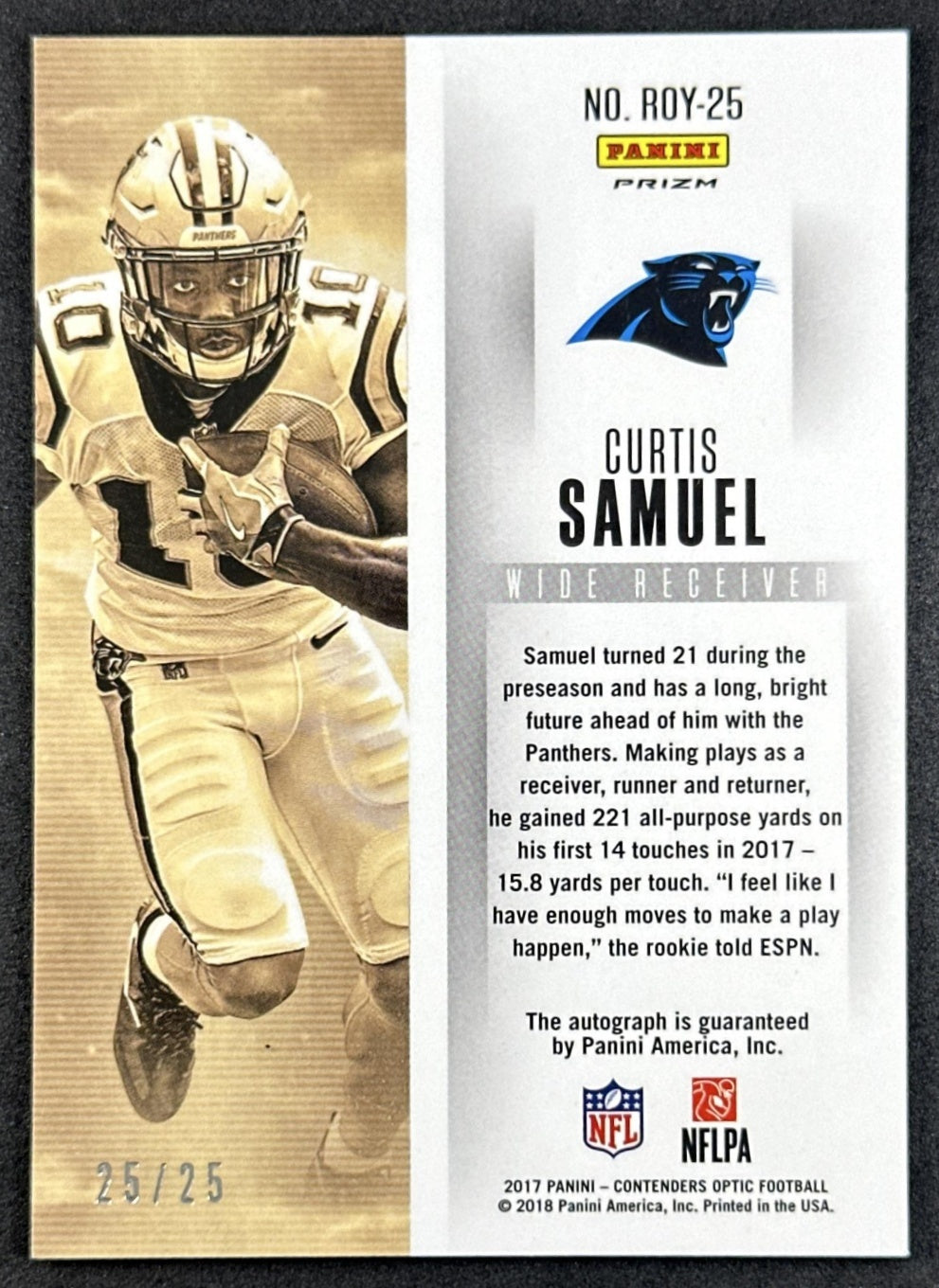 Curtis Samuel 2017 Panini Contenders Optic Rookie of the Year Auto /25 Panthers Sports Trading Cards