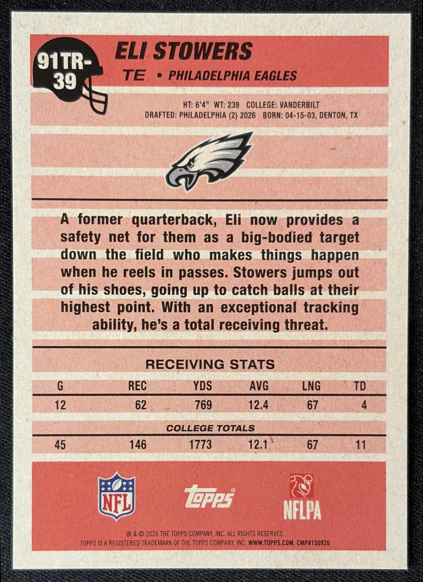 Eli Stowers 2026 Topps 1991 Rookie Eagles back
