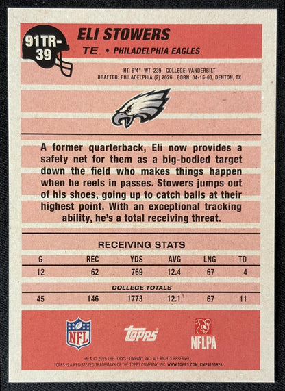 Eli Stowers 2026 Topps 1991 Rookie Eagles back