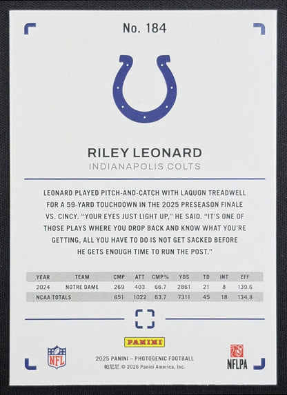 Riley Leonard 2025 Panini PhotoGenic Rookies Horizontal Bronze /150 Colts Indianapolis Colts back
