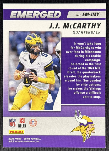 J.J. McCarthy 2024 Panini Score Emerged Vikings back