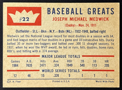 Joe Medwick 1960 Fleer Baseball Greats Yankees back