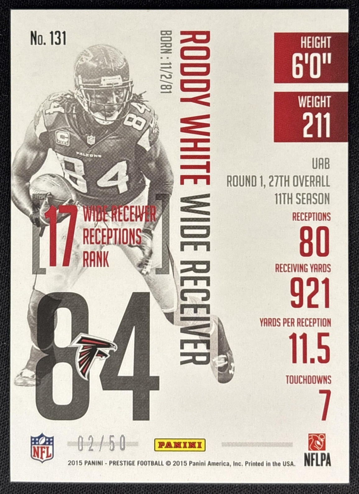 Roddy White 2015 Panini Prestige Extra Points Gold /50 Falcons back