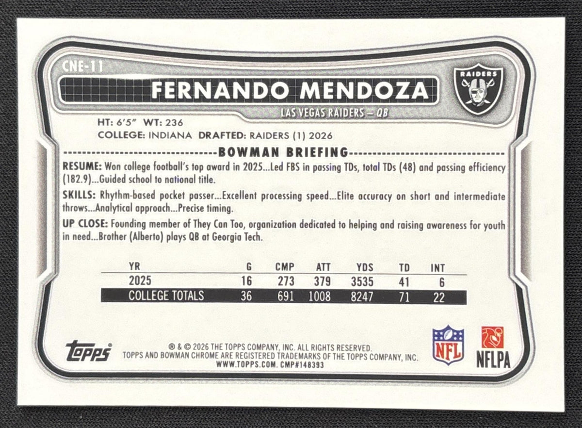 Fernando Mendoza 2026 Bowman Chrome NFL Etched In Glass Variation Raiders