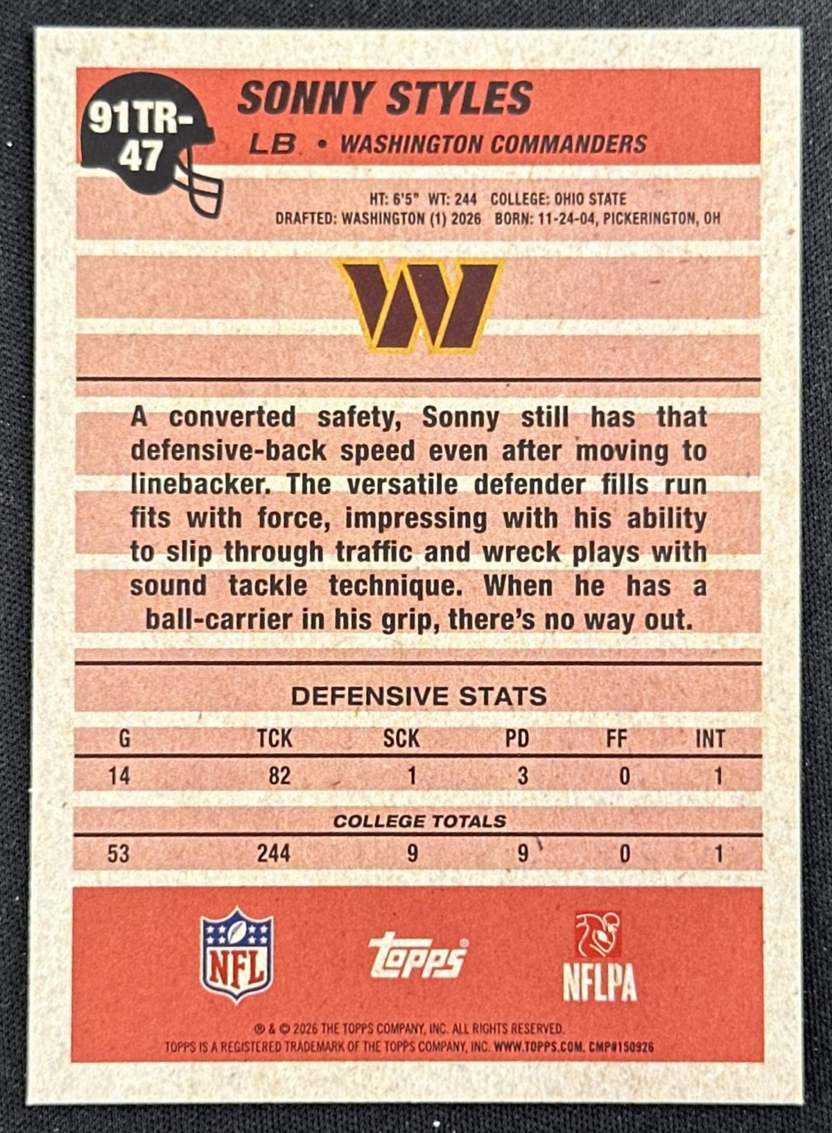 Sonny Styles 2026 Topps Flagship 1991 Rookie Commanders