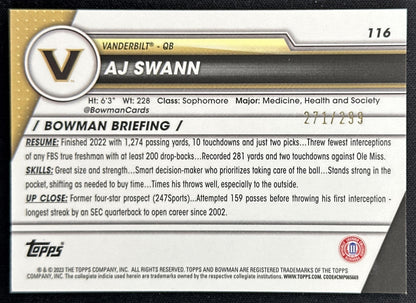 AJ Swann 2023 Bowman University Chrome Aqua Refractor /299 Commodores back