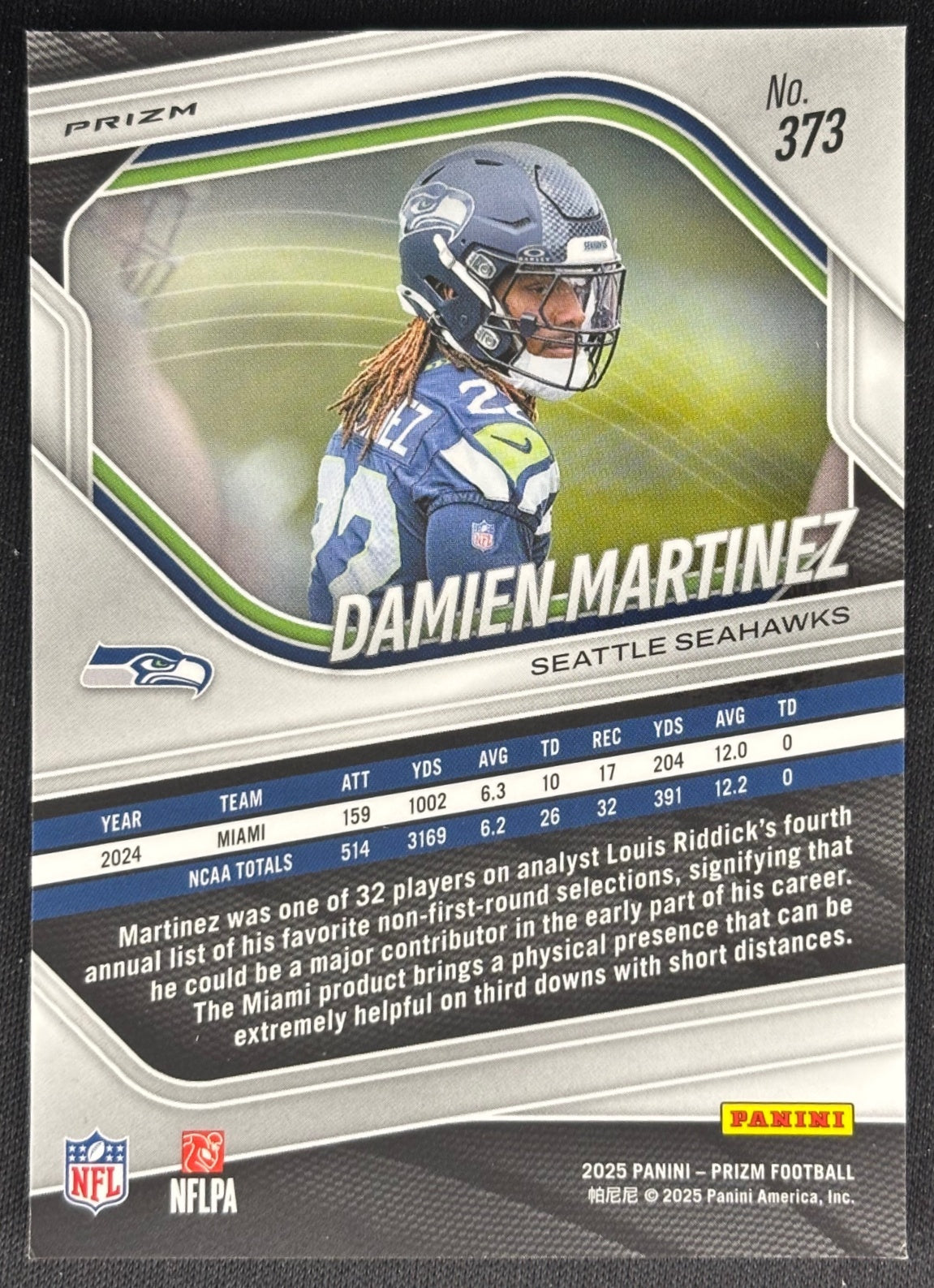 Damien Martinez 2025 Prizm Green Flash Seahawks Sports Trading Card