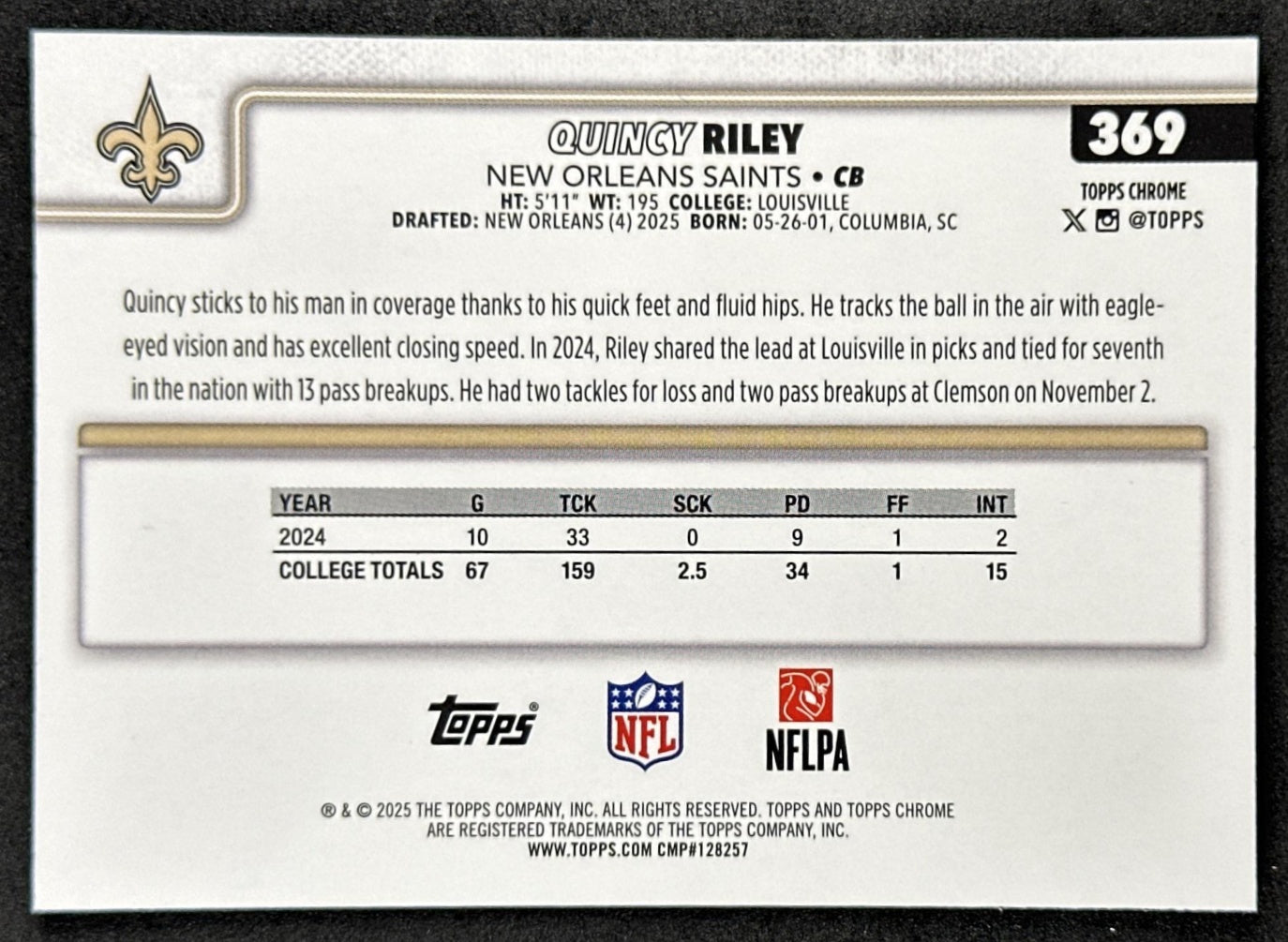Quincy Riley 2025 Topps Chrome Sapphire Saints Sports Trading Cards