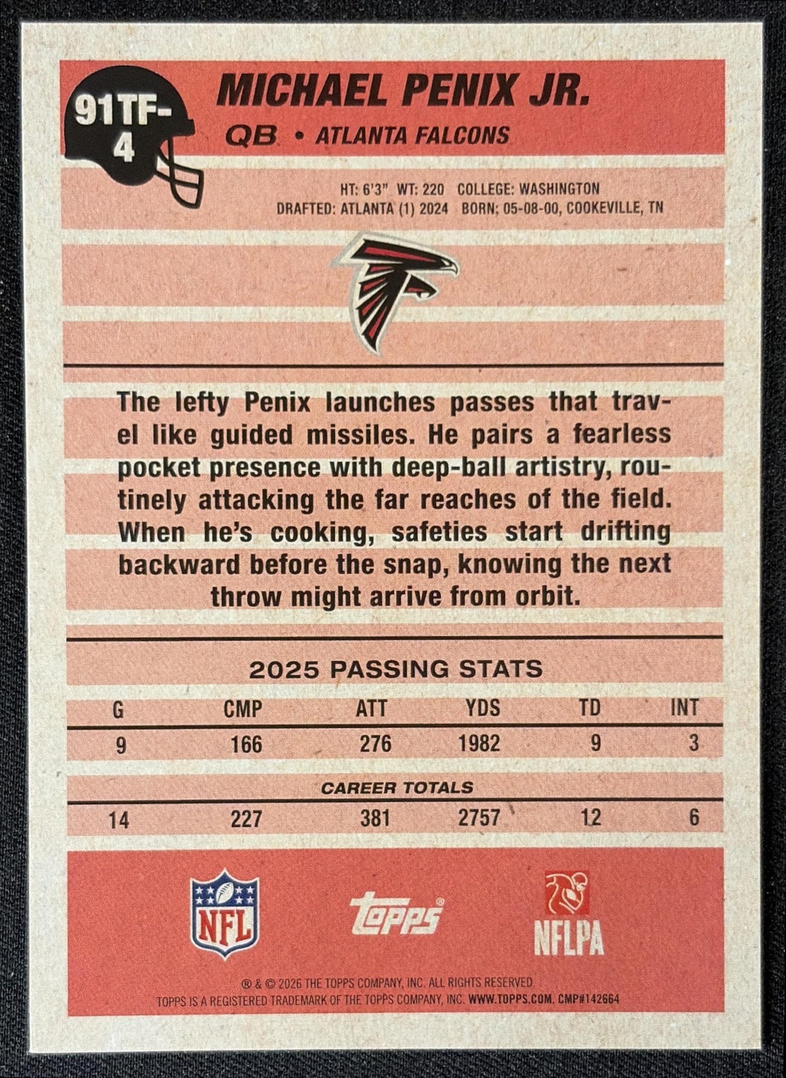 Michael Penix Jr. 2026 Topps 1991 Falcons back