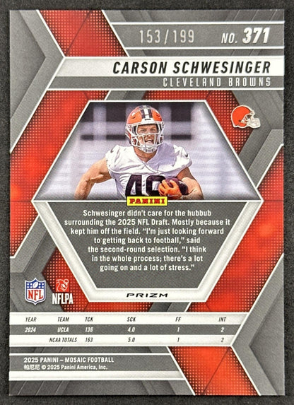 Carson Schwesinger 2025 Panini Mosaic Rookies Orange Prizm /199 Browns Sports Trading Cards