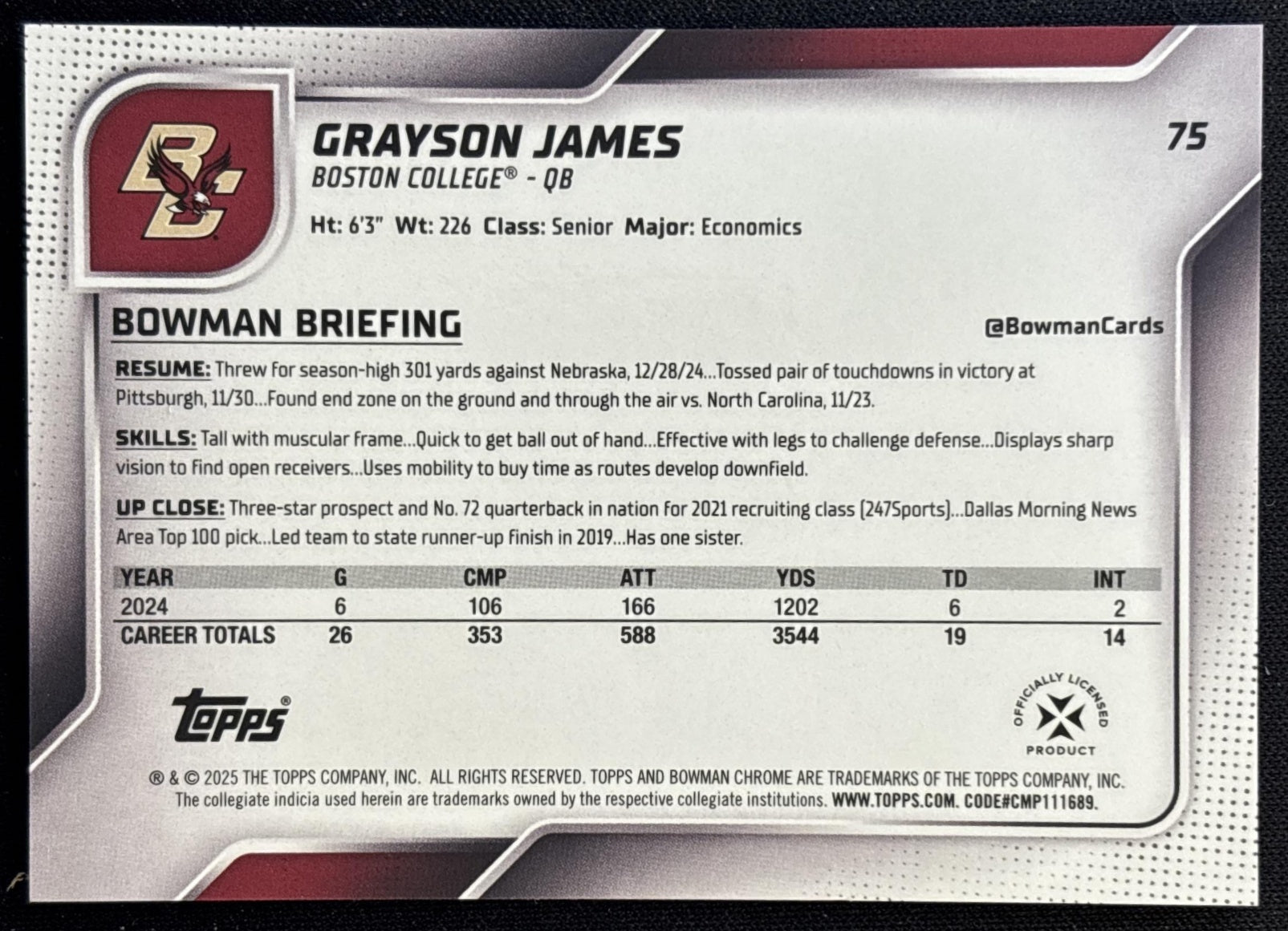 Grayson James 2025 Chrome University Prospects Orange Refractor /25 Eagles Football