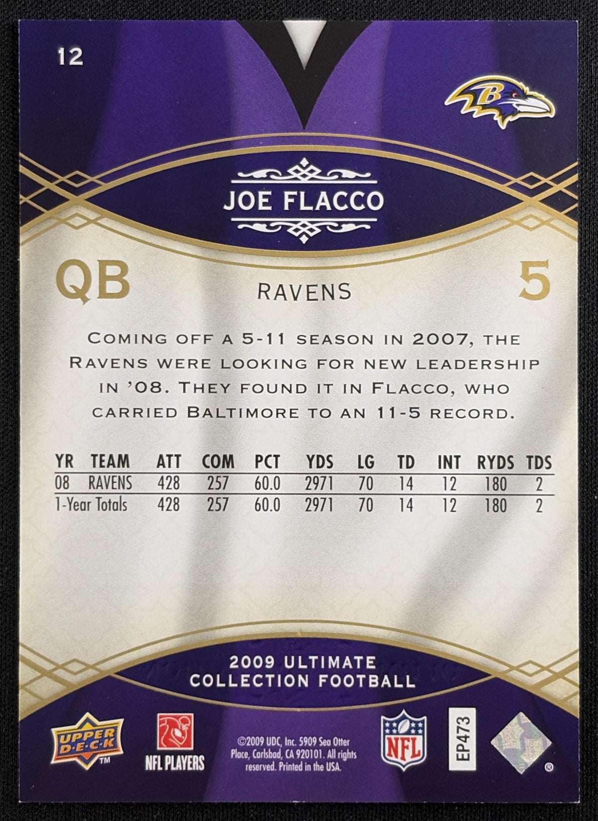 Joe Flacco 2009 Upper Deck Ultimate Collection /375 Ravens Baltimore Ravens Sports Trading Card