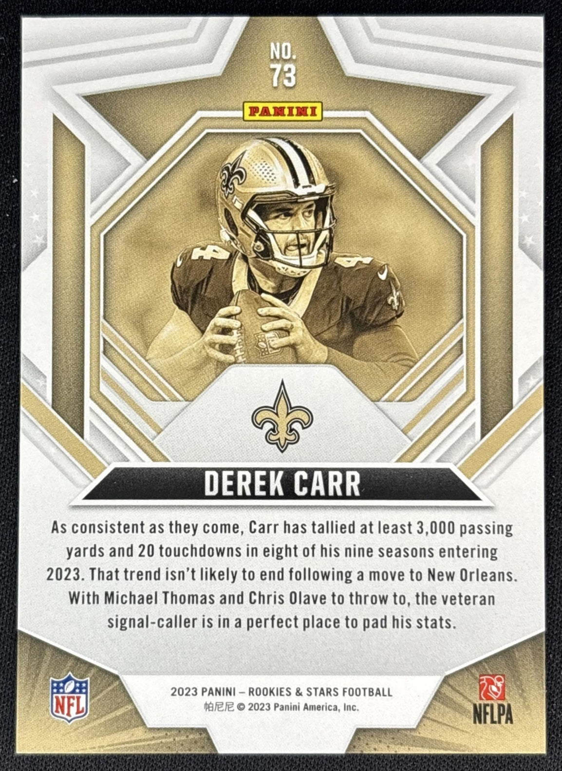 Derek Carr 2023 Panini Rookies & Stars Gold /10 Saints back