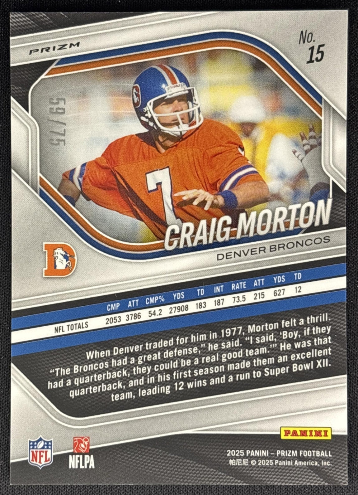 Craig Morton 2025 Panini Prizm Green Scope /75 Broncos Sports Trading Cards
