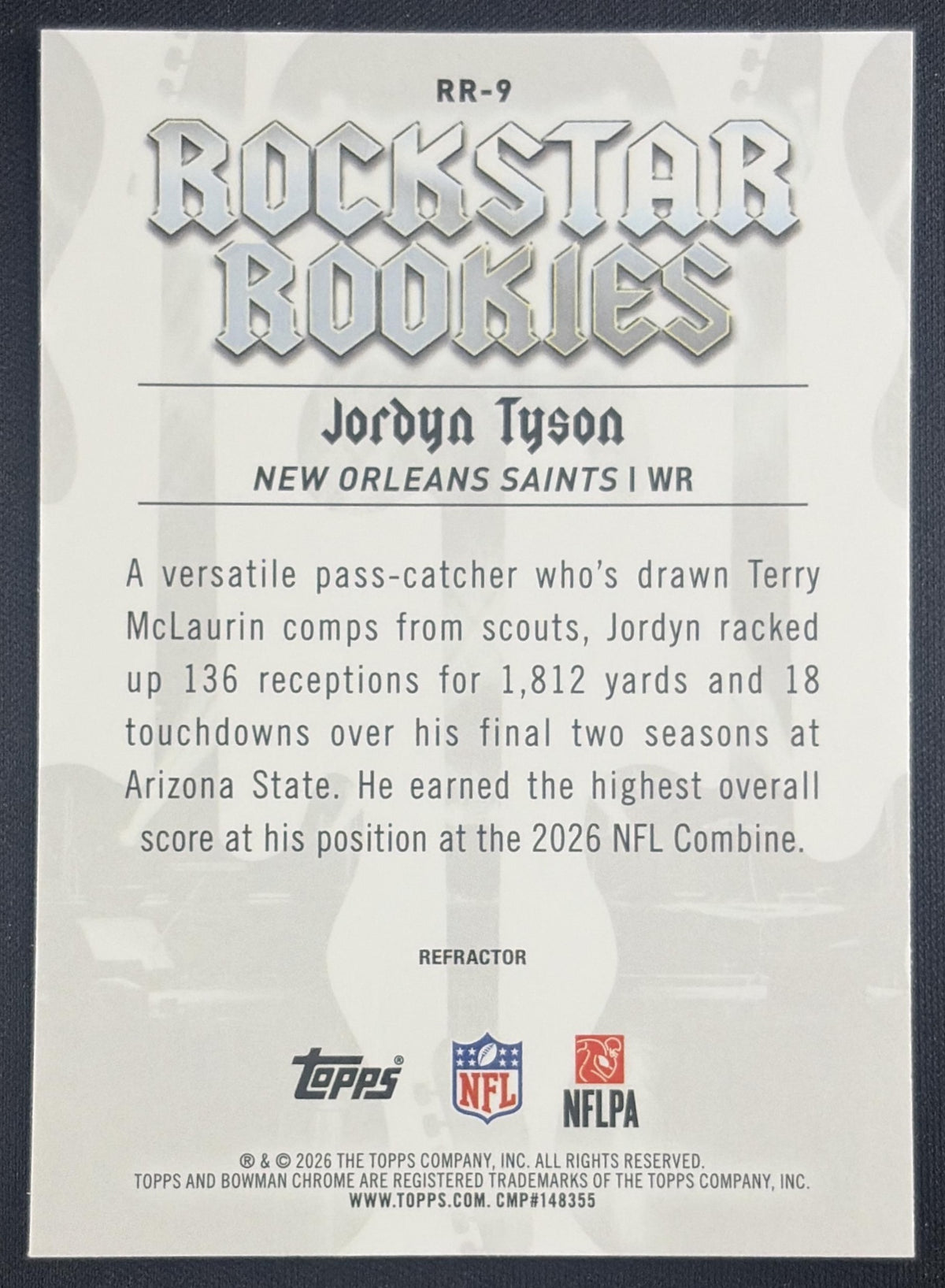 Jordyn Tyson 2026 Bowman Rockstar Rookies Chrome Refractor Saints