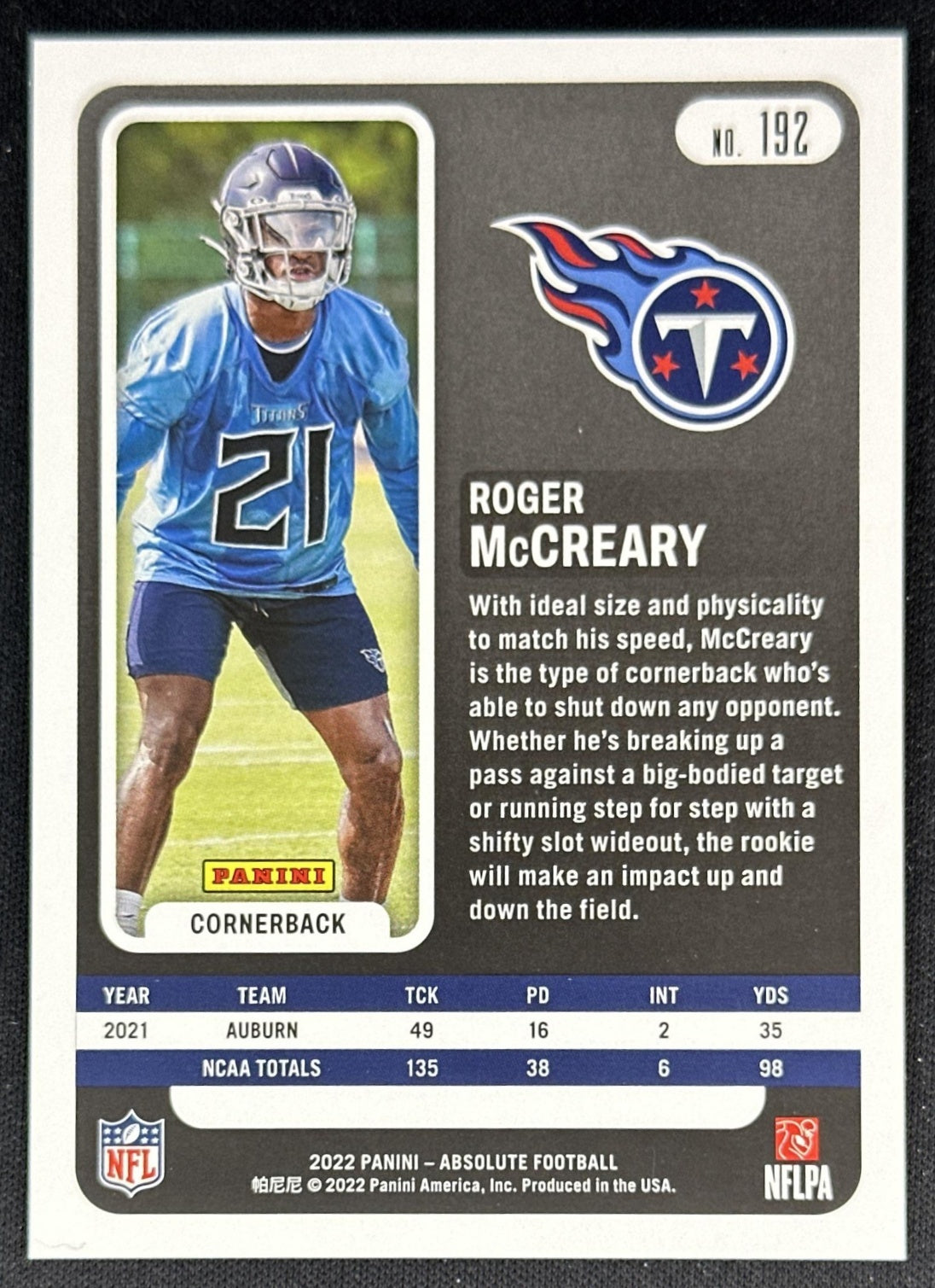 Roger McCreary 2022 Absolute Blue /99 Rookie Titans Lions back