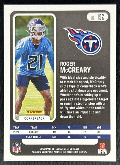 Roger McCreary 2022 Absolute Blue /99 Rookie Titans Lions back