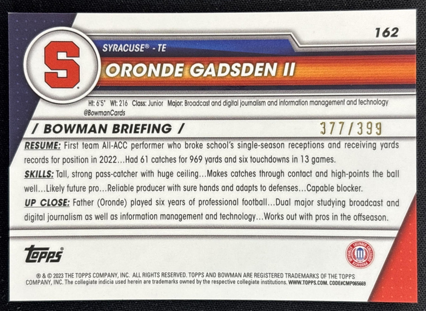 Oronde Gadsden II 2023 Bowman University Chrome Purple Refractor /399 Back