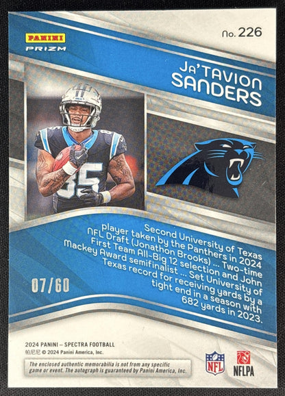 Ja Tavion Sanders 2024 Panini Spectra Rookie Patch Auto Hyper /60 Panthers 2 back