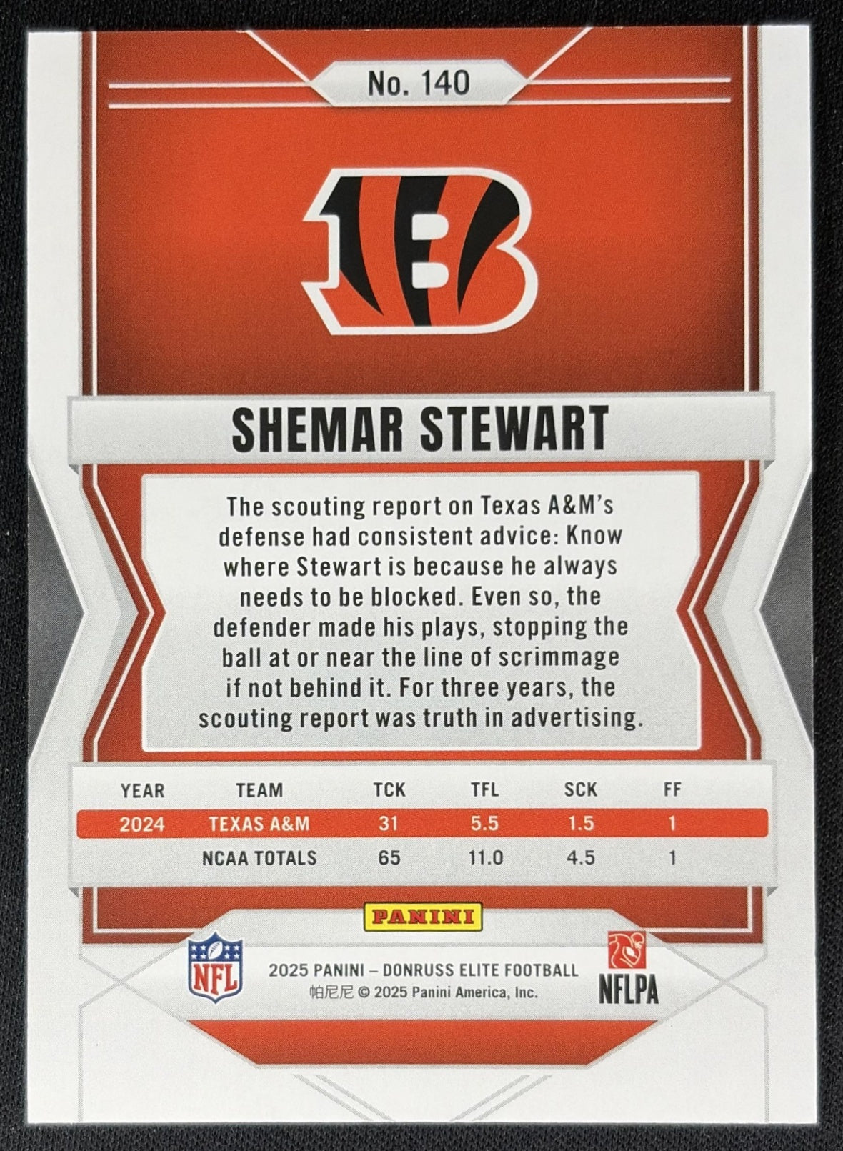 Shemar Stewart 2025 Panini Donruss Elite Rookies /999 Bengals back