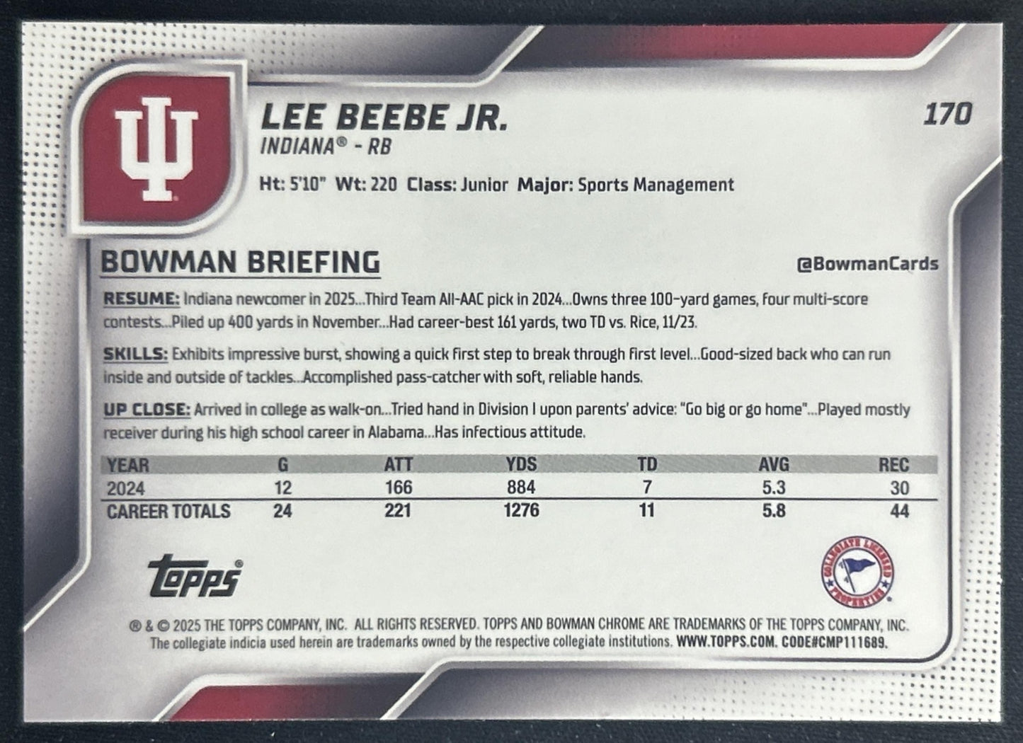 Lee Beebe Jr. 2025 Chrome University Prospects Blue Refractor /150 Hoosiers back