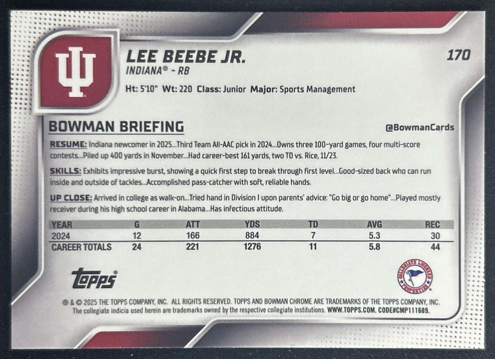 Lee Beebe Jr. 2025 Chrome University Prospects Blue Refractor /150 Hoosiers back