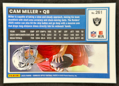 Cam Miller 2025 Donruss Optic Rated Rookie Raiders Sports Trading Card