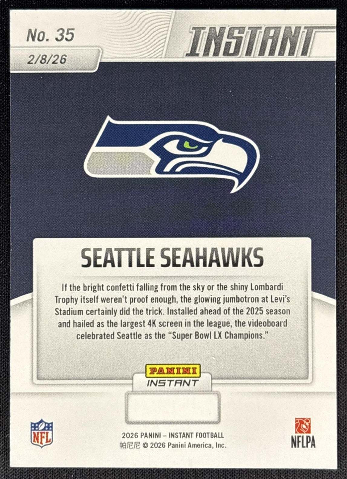 Seattle Seahawks 2025 Panini Instant NFL back