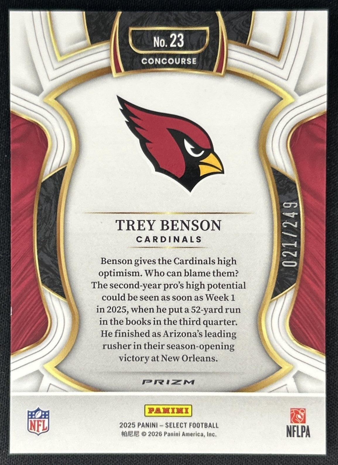 Trey Benson 2025 Panini Select Concourse Blue Prizm /249 Cardinals back