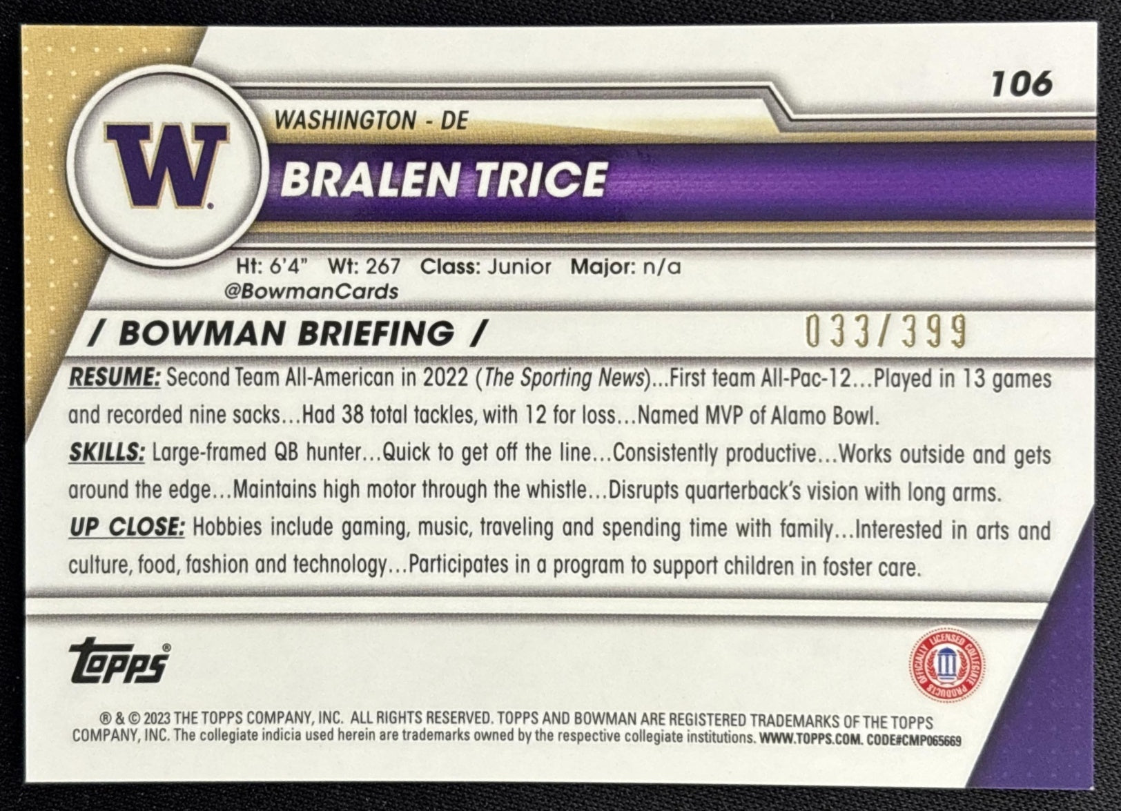 Bralen Trice 2023 University Chrome Purple Mini Diamond Refractor /399 Huskies back