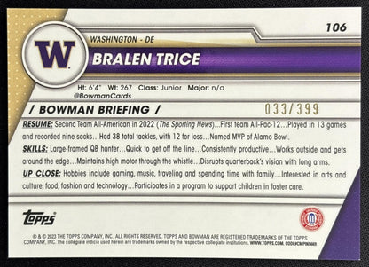 Bralen Trice 2023 University Chrome Purple Mini Diamond Refractor /399 Huskies back