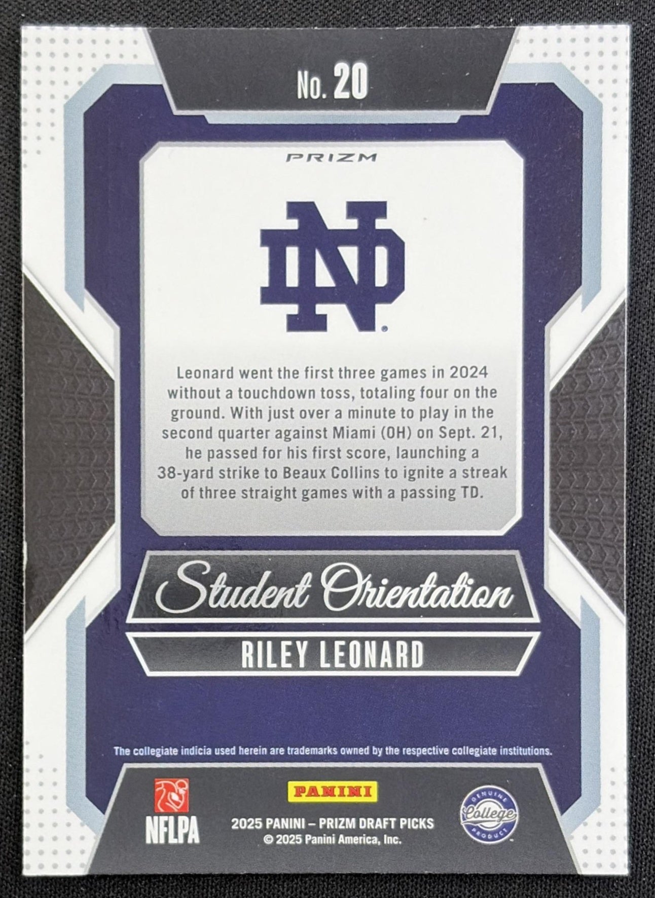 Riley Leonard 2025 Panini Prizm Draft Picks Student Orientation Gold Ice Colts