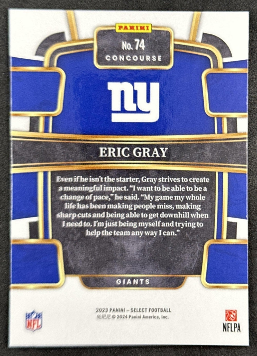 Eric Gray 2023 Panini Select Concourse Giants Back