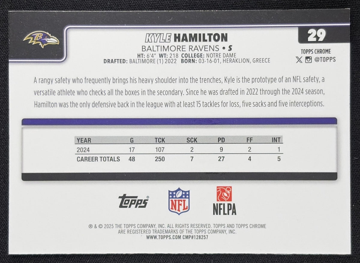 Kyle Hamilton 2025 Topps Chrome Yellow Wave Refractor /275 Ravens