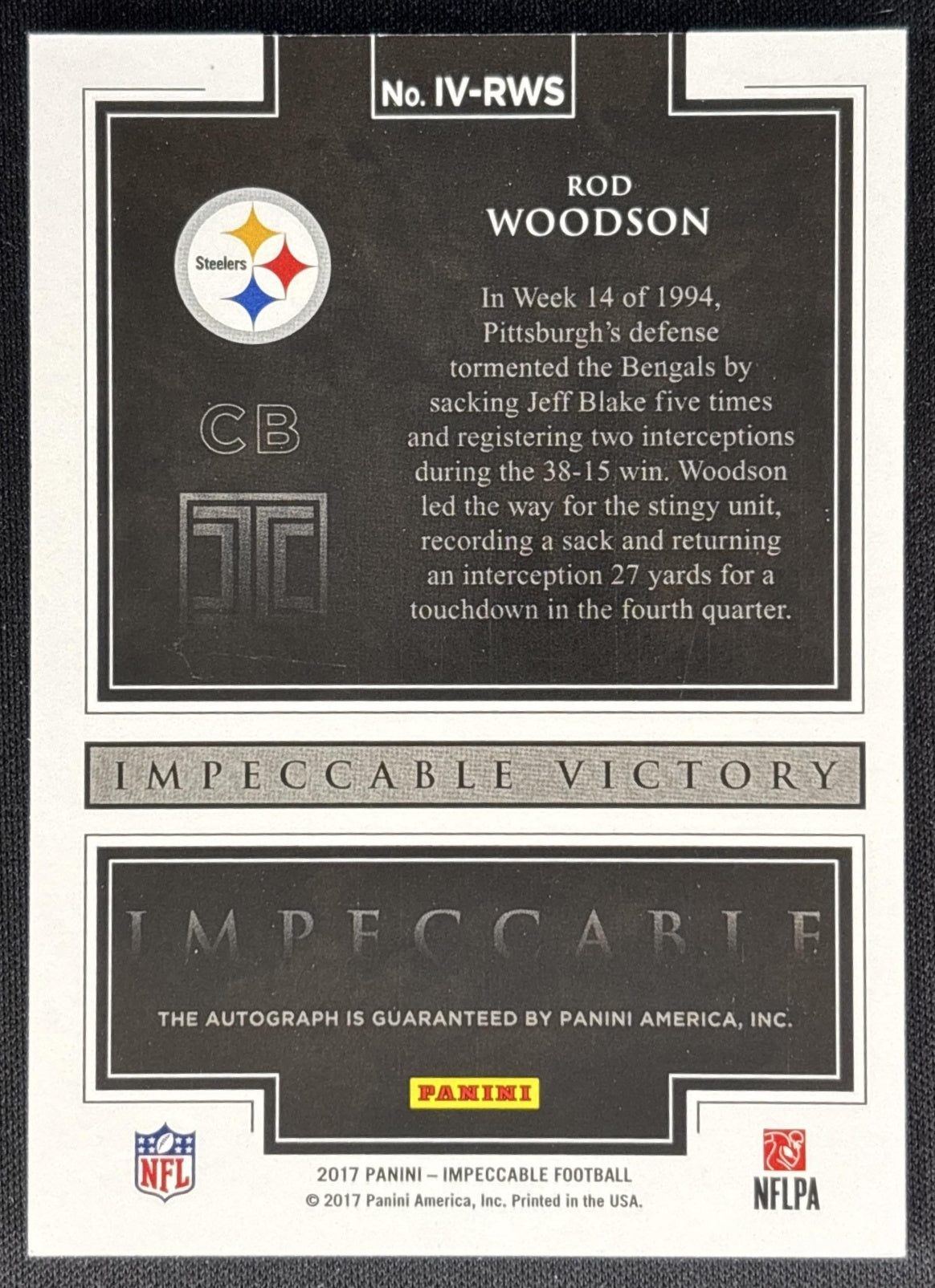 Rod Woodson 2017 Panini Impeccable Victory /49 Steelers Sports Trading Cards