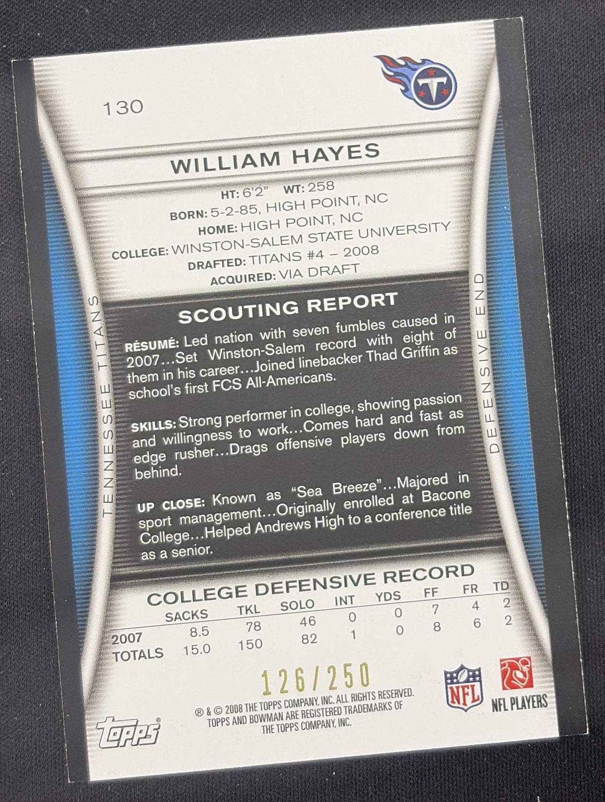 William Hayes 2008 Bowman Orange /250 Titans Tennessee Titans Sports Trading Card