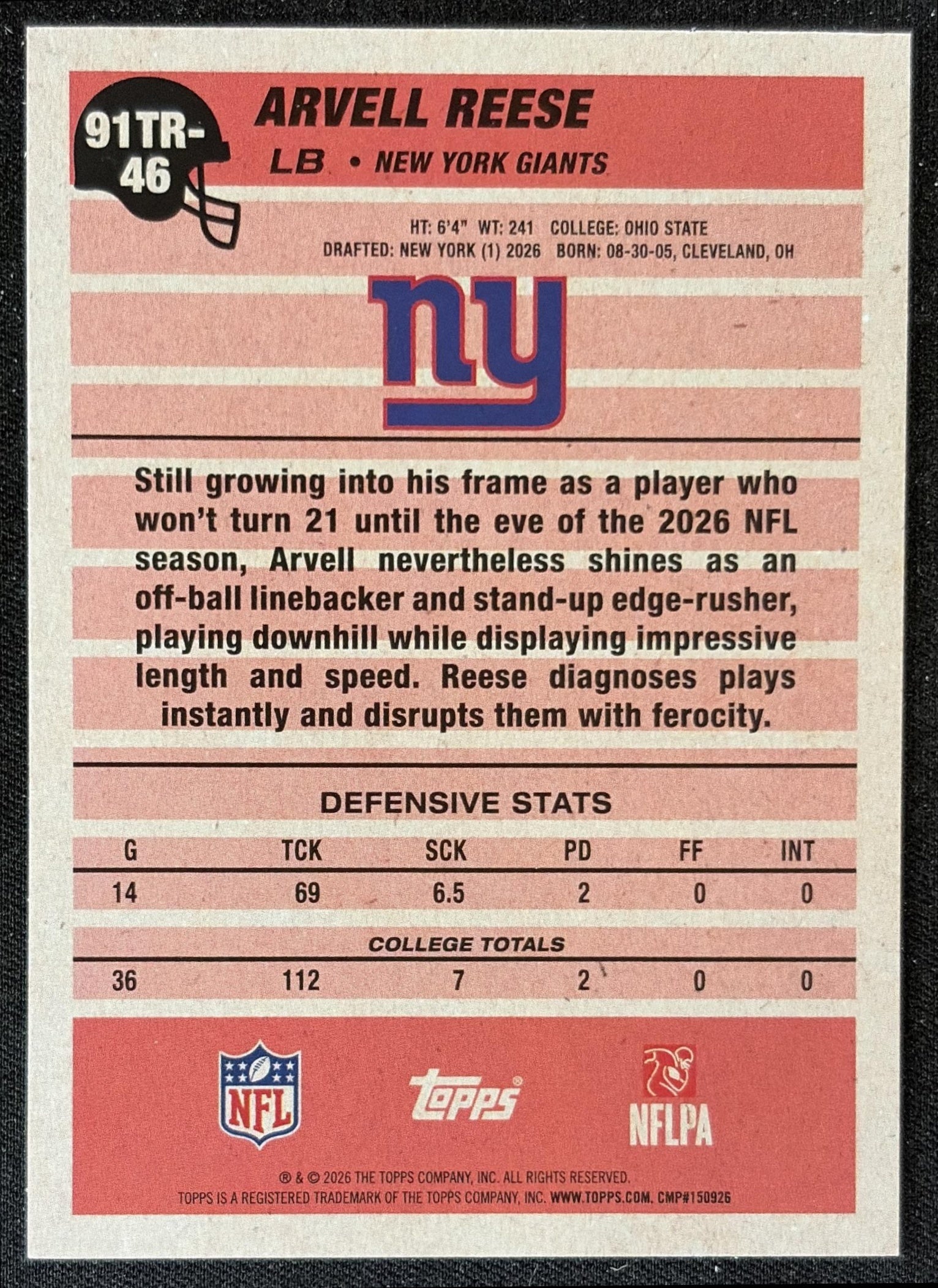 Arvell Reese 2026 Topps 1991 Rookie Giants back
