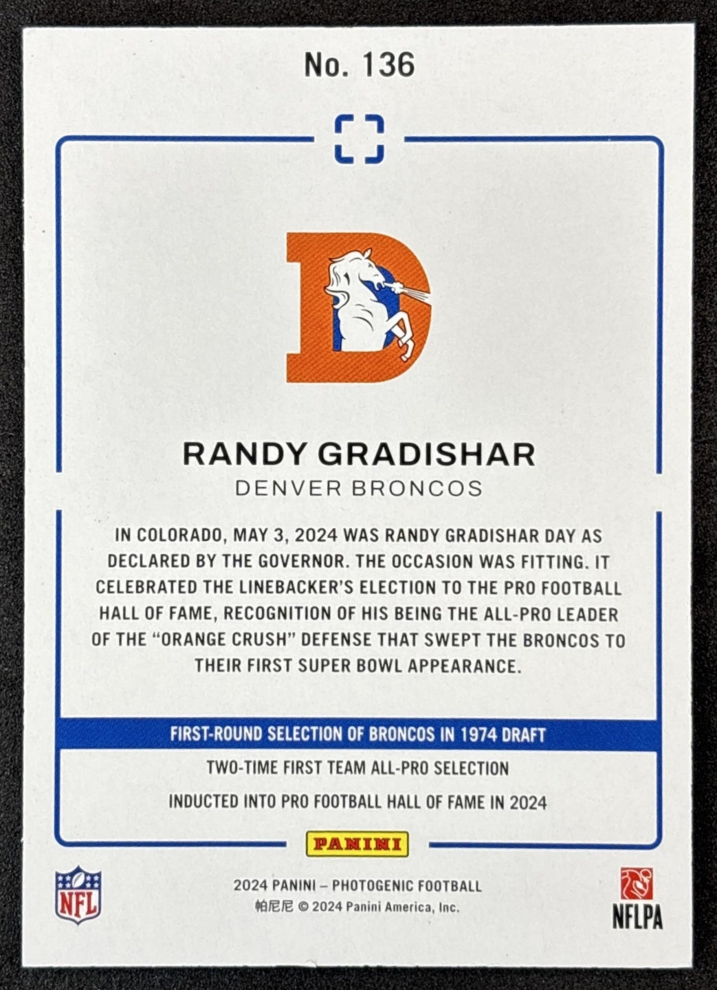 Randy Gradishar 2024 Panini Photogenic Orange /25 Broncos